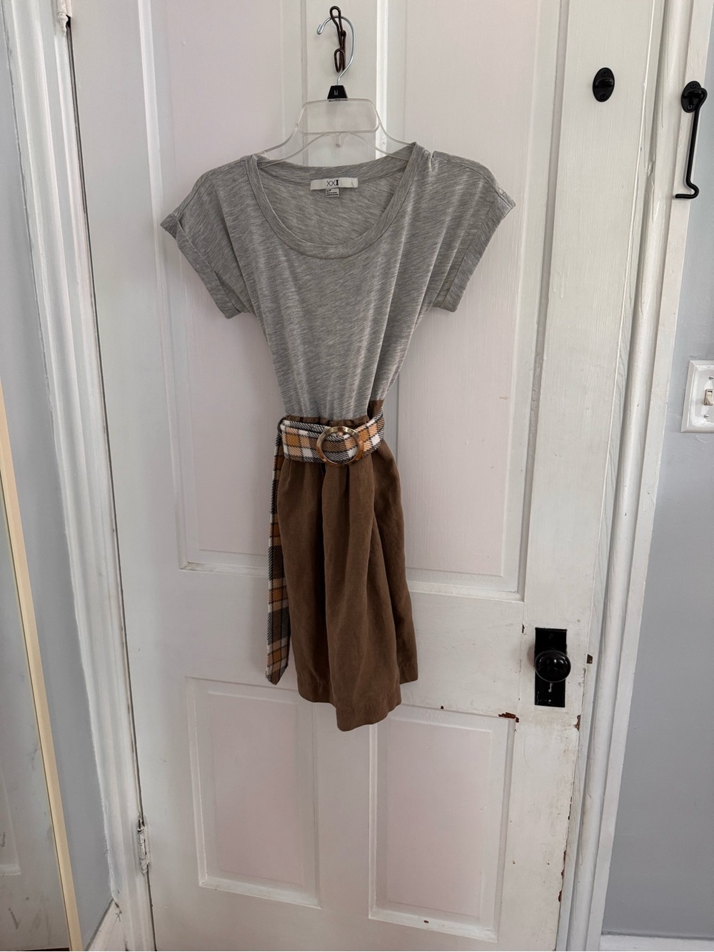 Gray Scoop Neck Tee Dress with Brown Skirt and Plaid Belt